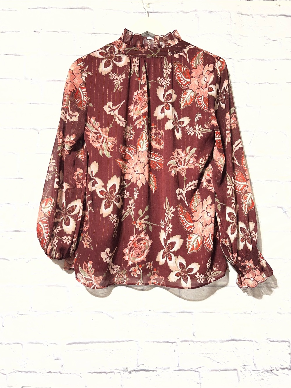 Violet & Claire Maroon Floral Ruffle-Neck Blouse